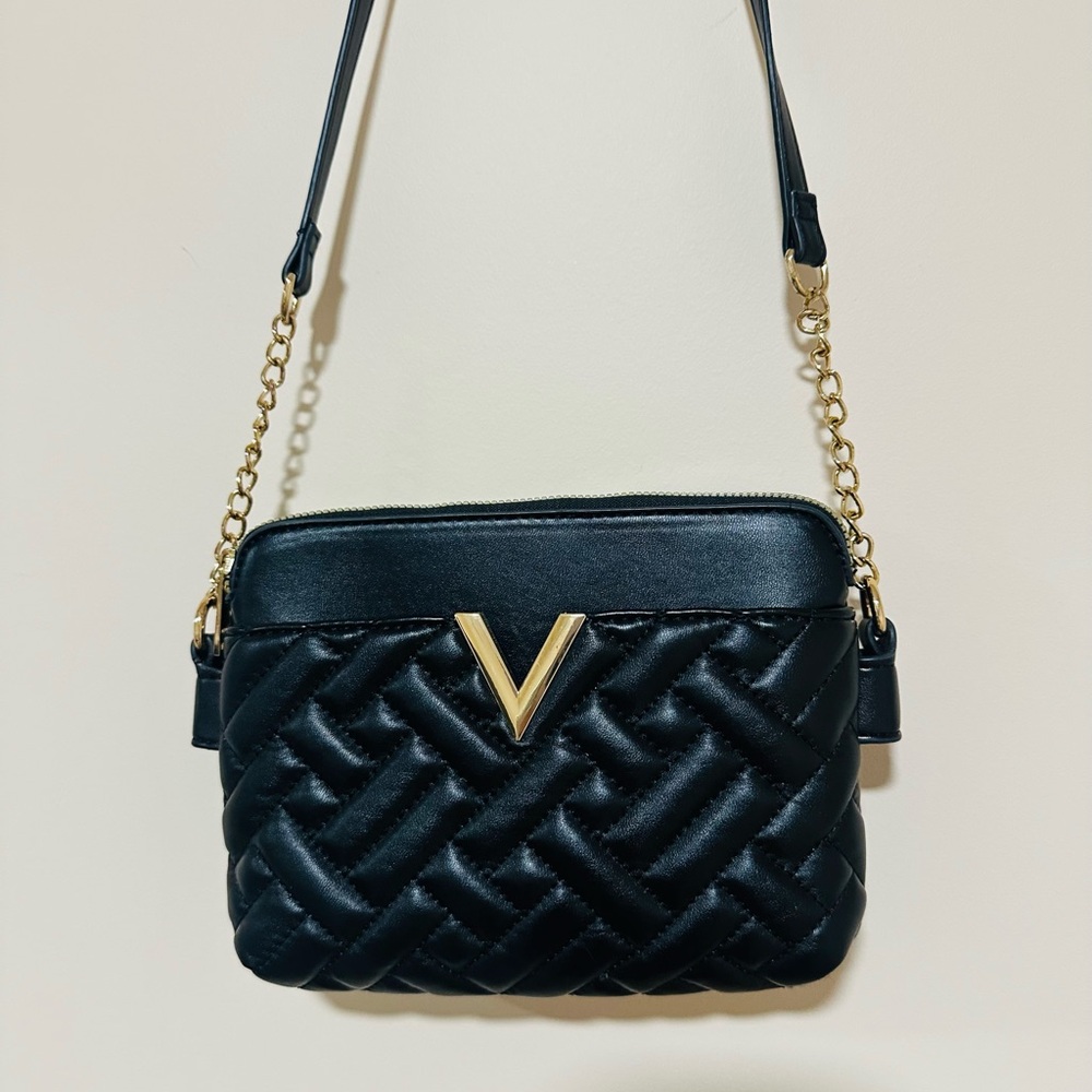 V-Emblem Black Quilted Crossbody Bag
